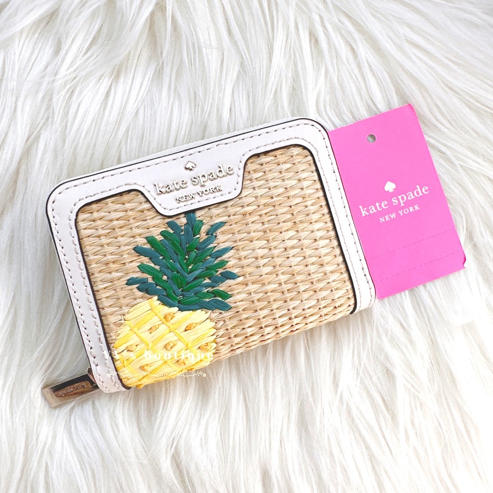 NWT Kate Spade Pineapple Small Zip Card Case Parchment Yellow Straw K7191 RARE